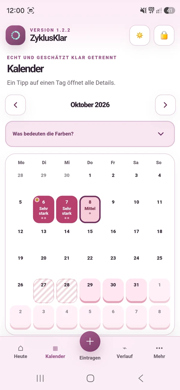ZyklusKlar-Kalender mit dokumentierten Einträgen und gekennzeichneten Schätzungen