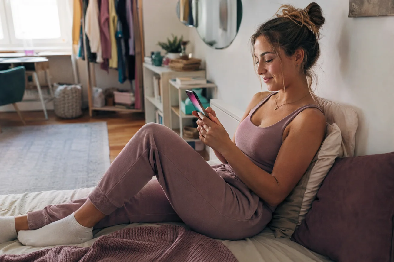 Frau schaut zu Hause entspannt auf ihr Smartphone