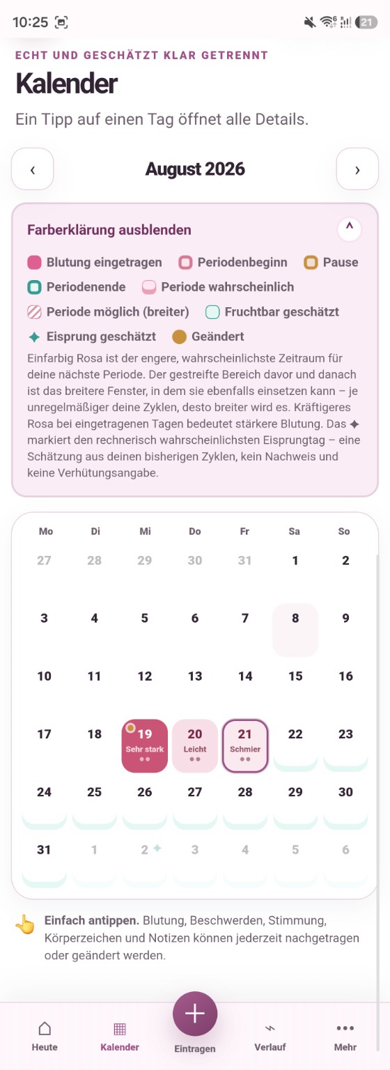ZyklusKlar Kalender mit verständlicher Farberklärung