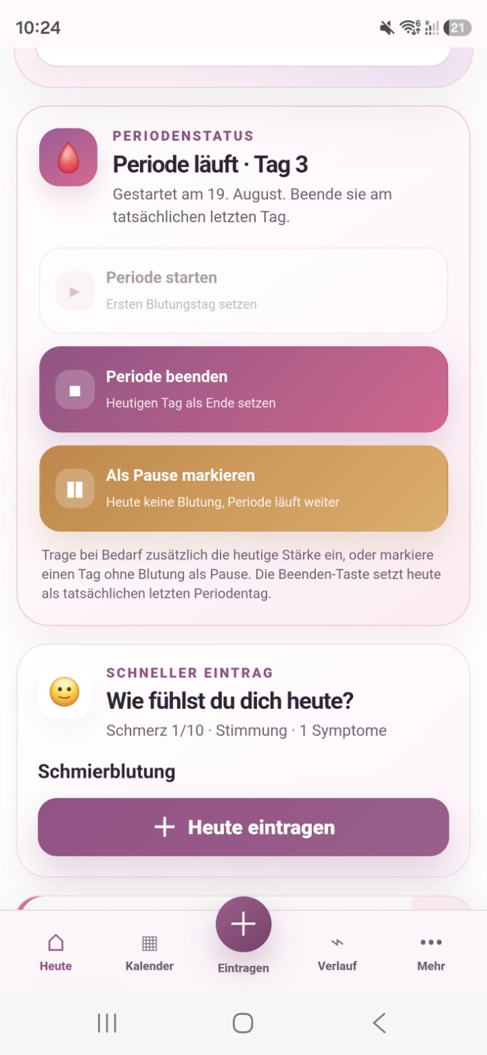 ZyklusKlar Pausefunktion und schneller Eintrag